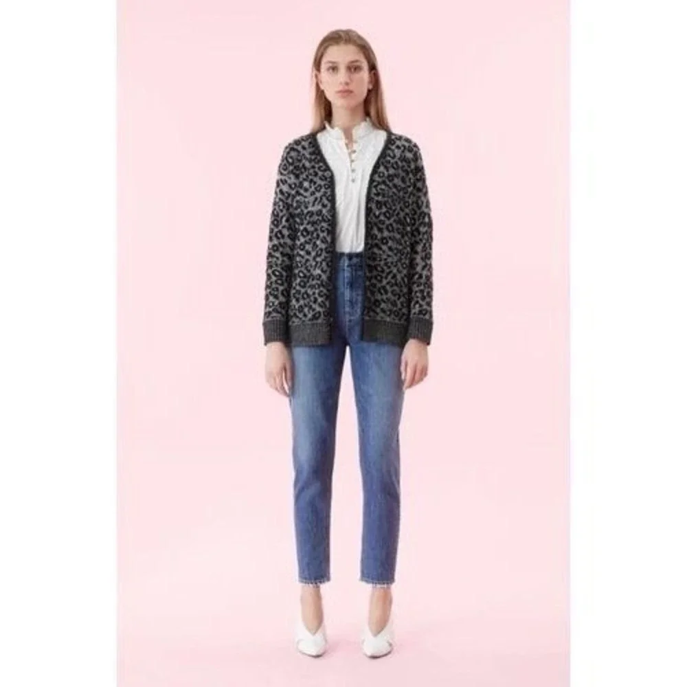 La Vie Rebecca Taylor Leopard Print Cardigan Grey Black Jacquard Sweater NWT S